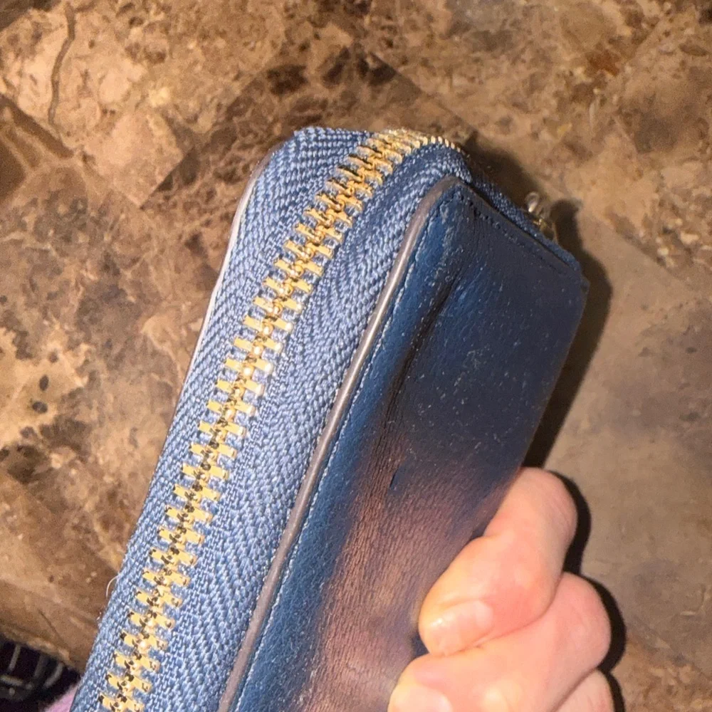 Michael Kors Dark Blue Pebbled Leather Zip Wallet with Gold MK Emblem